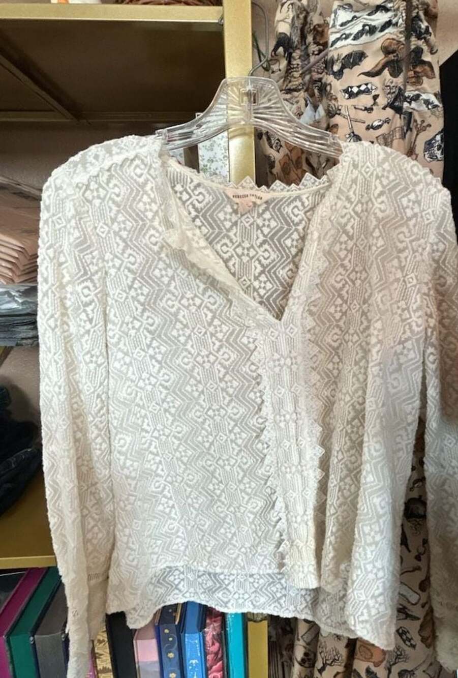 Rebecca Taylor Embroidered Lace Blouse Size 12 Ivory Long Sleeve Top